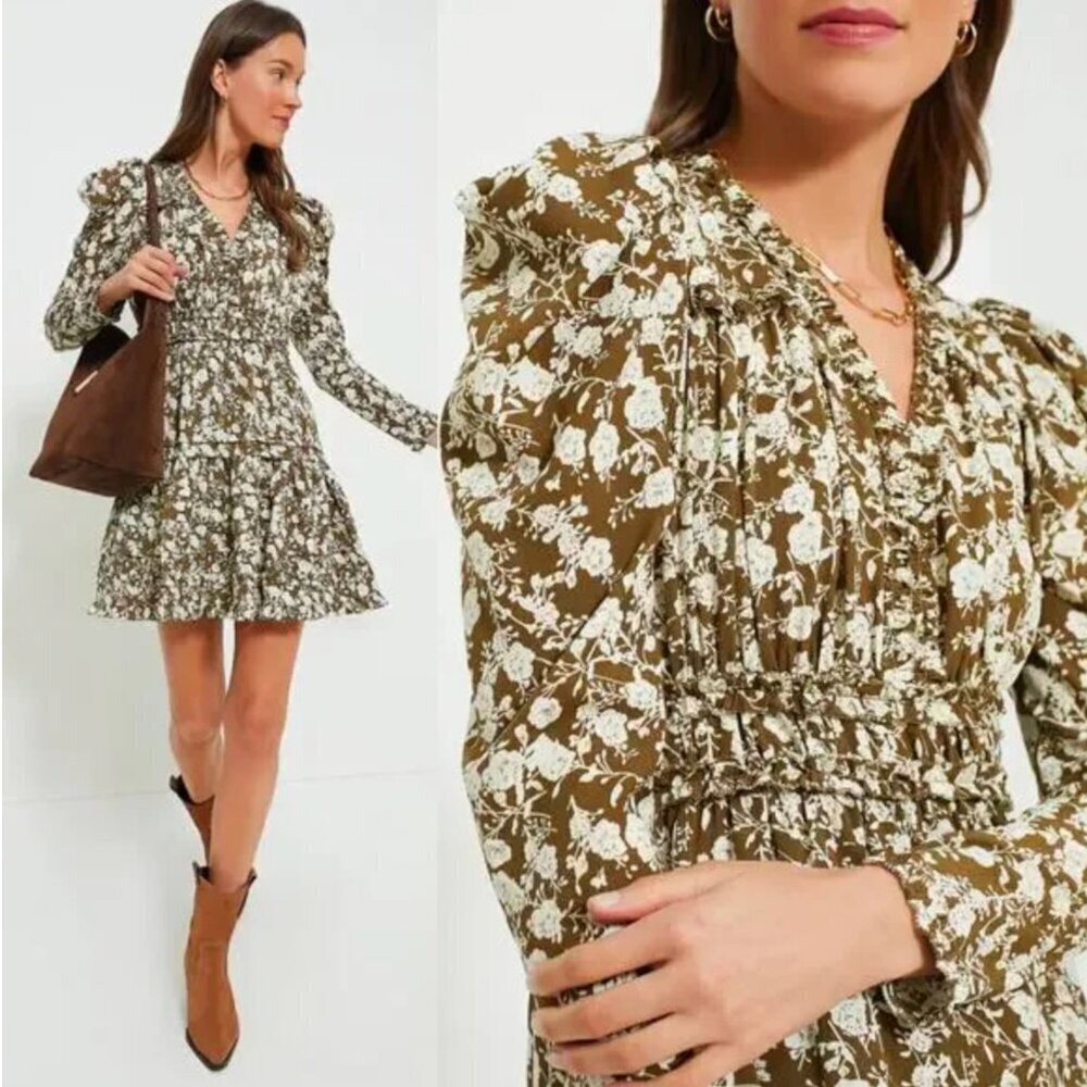 Tuckernuck HYACINTH HOUSE Olive Floral Renee Ruffle Mini Dress Small